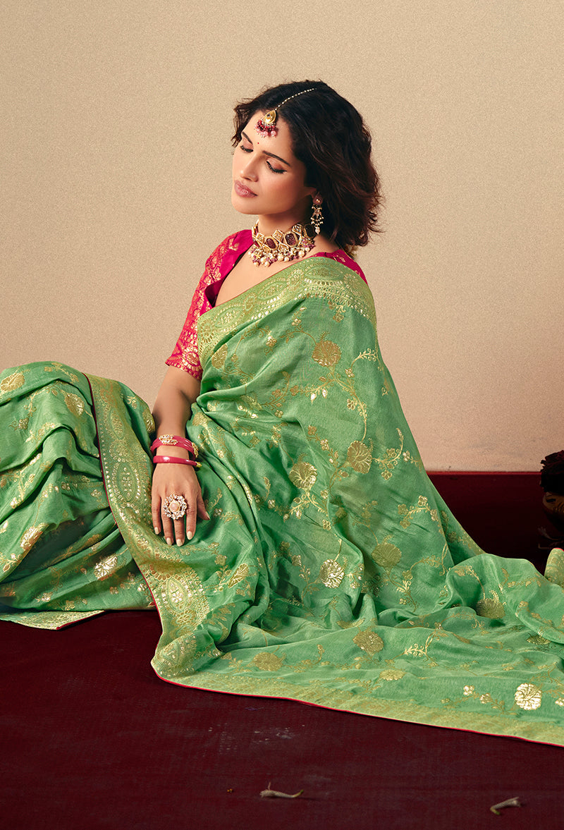 Monjolika Fashion Viscose Silk Green Saree With Rich Zari Weaving & Designer Tassels - Distacart