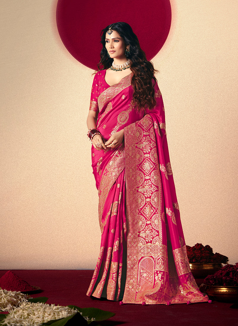 Monjolika Fashion Viscose Silk Rani Pink Saree With Rich Zari Weaving & Designer Tassels - Distacart