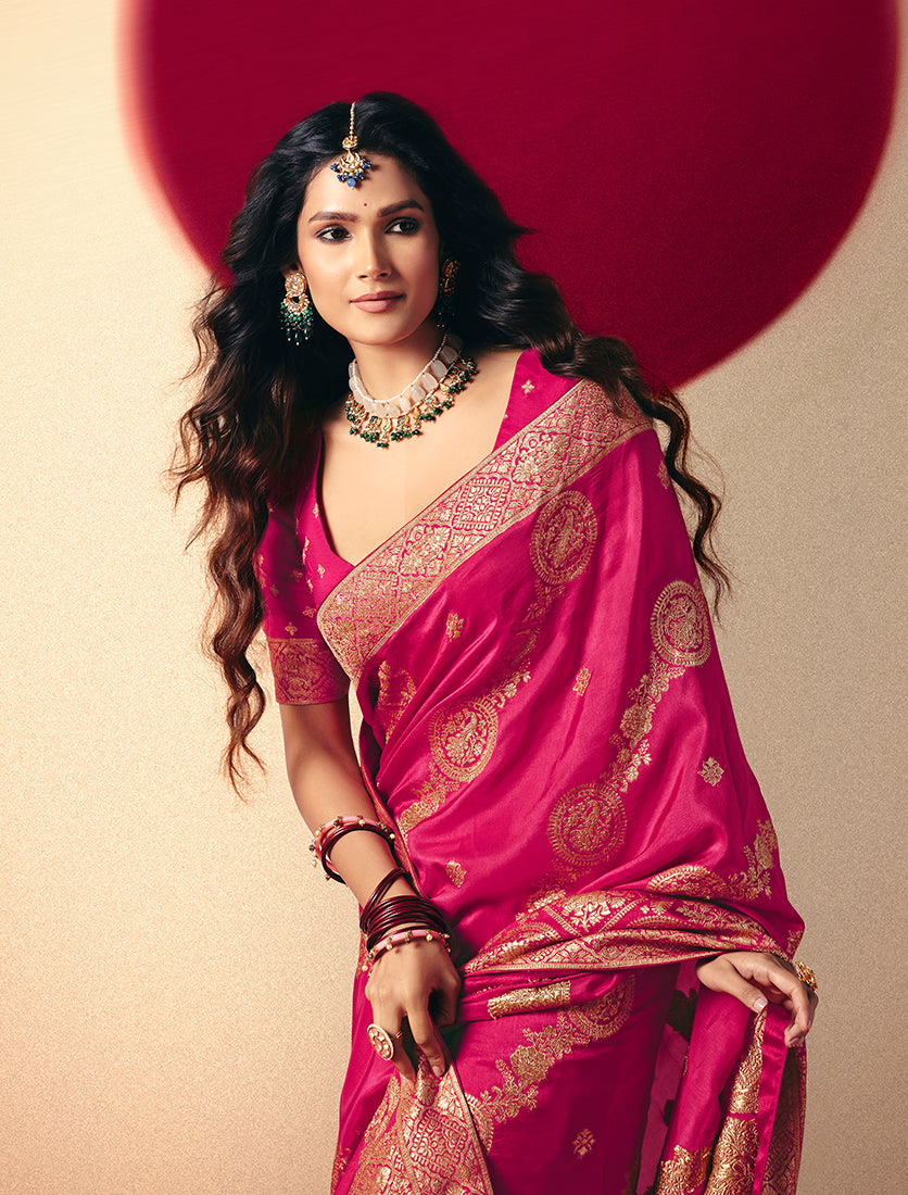 Monjolika Fashion Viscose Silk Rani Pink Saree With Rich Zari Weaving & Designer Tassels - Distacart