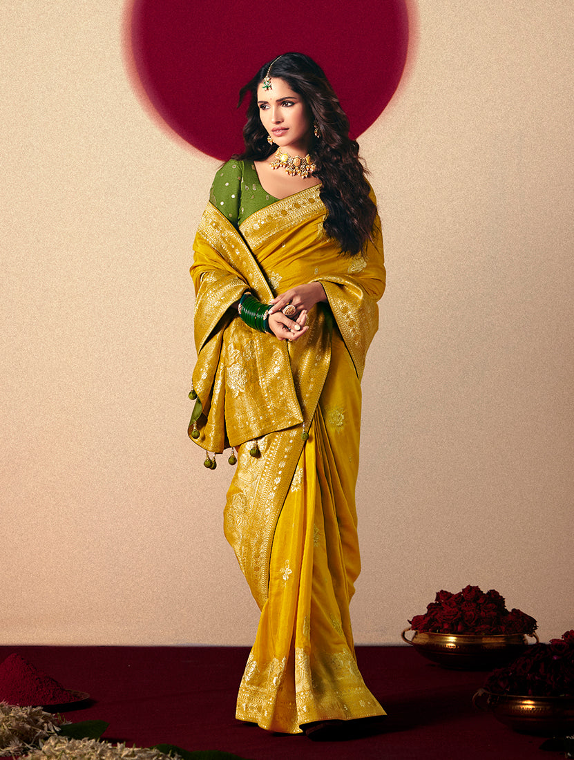 Monjolika Fashion Viscose Silk Mustard Saree With Rich Zari Weaving & Designer Tassels - Distacart