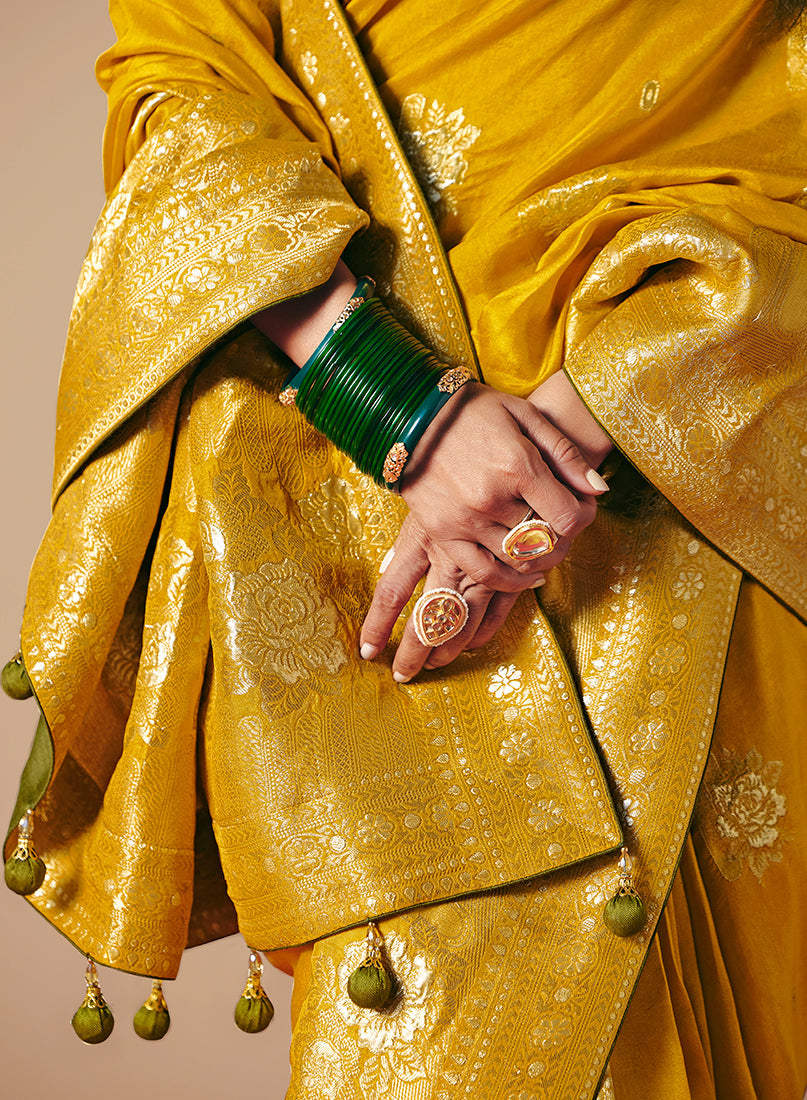 Monjolika Fashion Viscose Silk Mustard Saree With Rich Zari Weaving & Designer Tassels - Distacart
