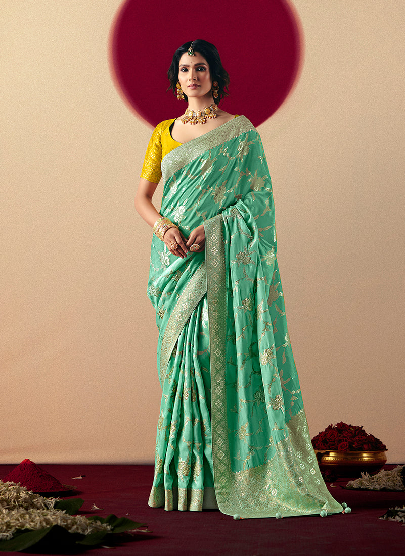 Monjolika Fashion Viscose Silk Sea Green Saree With Rich Zari Weaving & Designer Tassels - Distacart