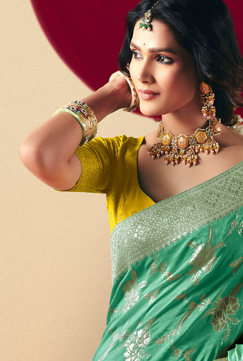 Monjolika Fashion Viscose Silk Sea Green Saree With Rich Zari Weaving & Designer Tassels - Distacart