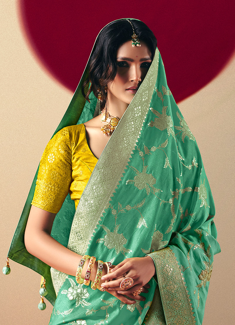 Monjolika Fashion Viscose Silk Sea Green Saree With Rich Zari Weaving & Designer Tassels - Distacart