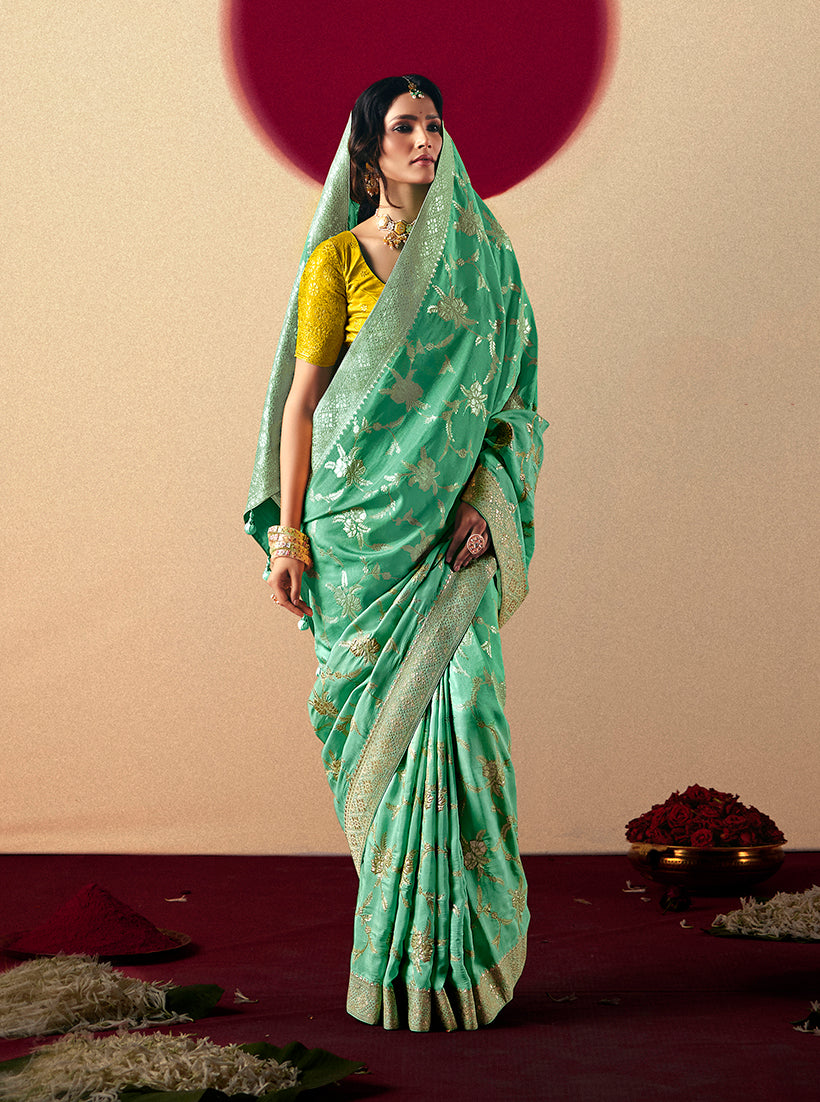 Monjolika Fashion Viscose Silk Sea Green Saree With Rich Zari Weaving & Designer Tassels - Distacart
