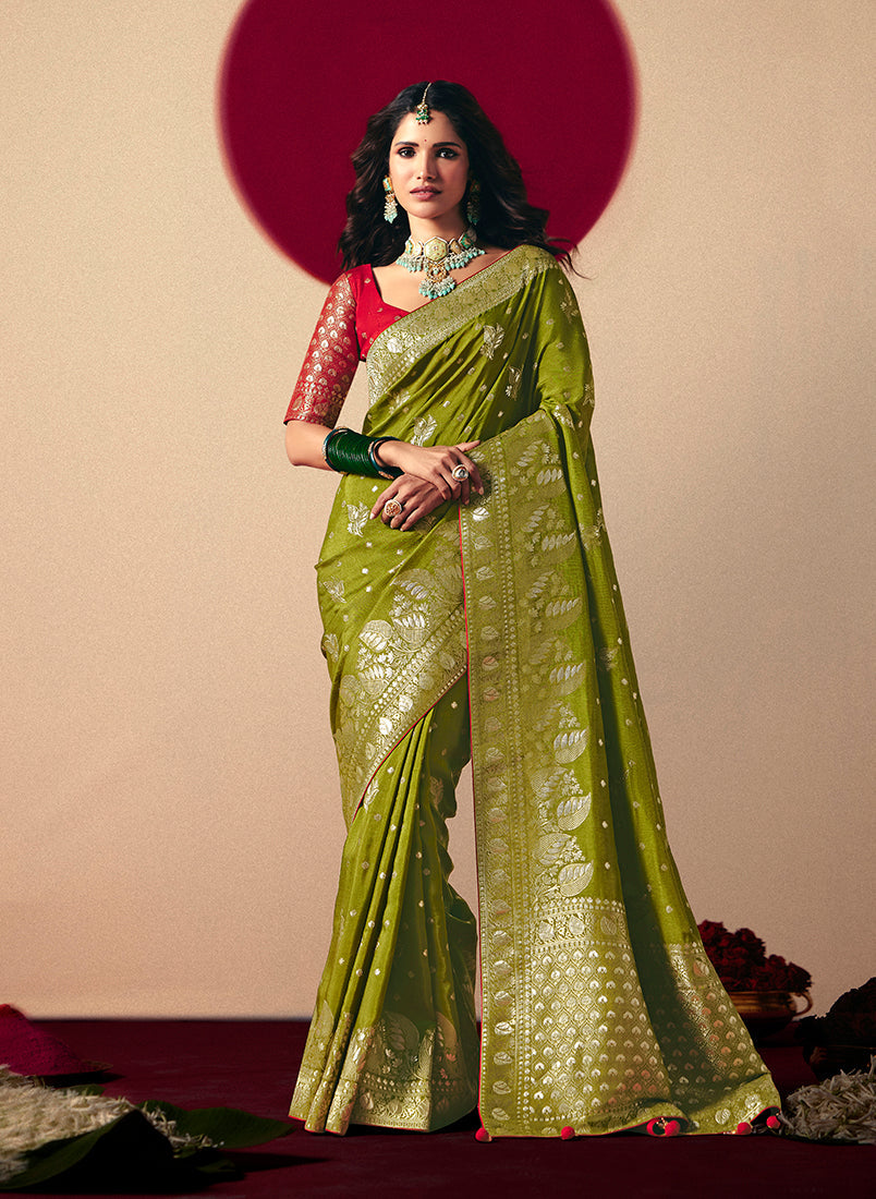 Monjolika Fashion Viscose Silk Olive Green Saree With Rich Zari Weaving & Designer Tassels - Distacart
