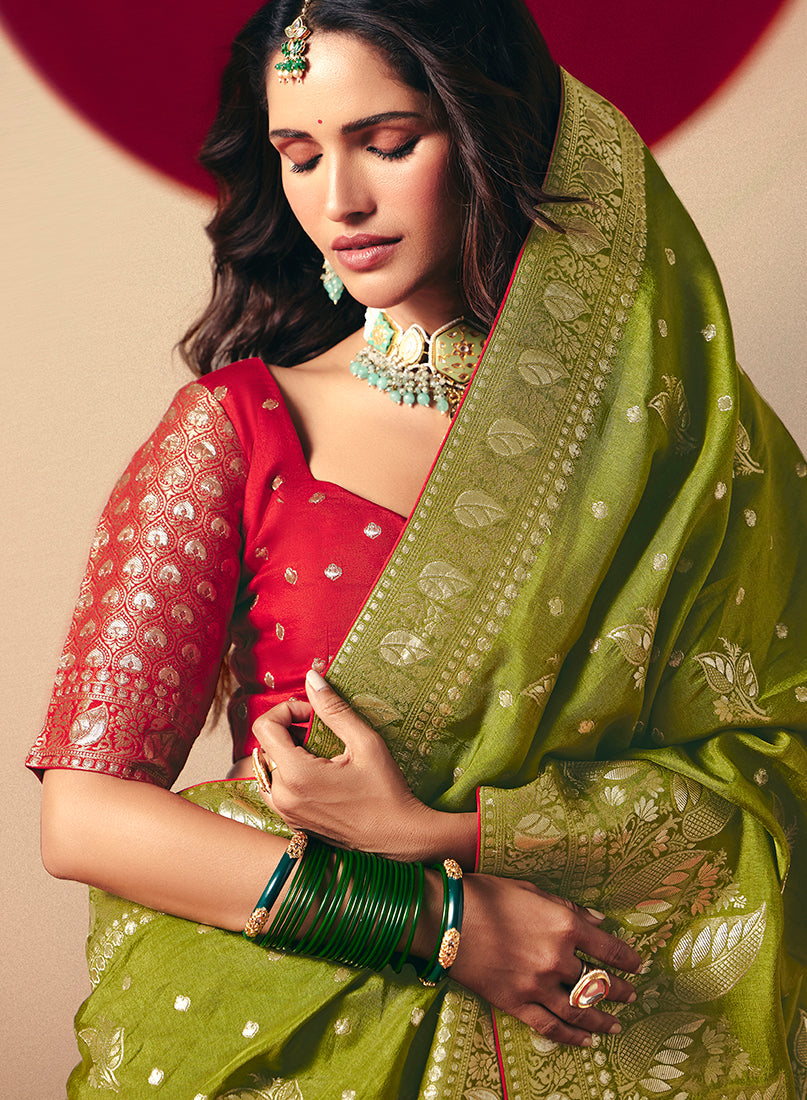 Monjolika Fashion Viscose Silk Olive Green Saree With Rich Zari Weaving & Designer Tassels - Distacart
