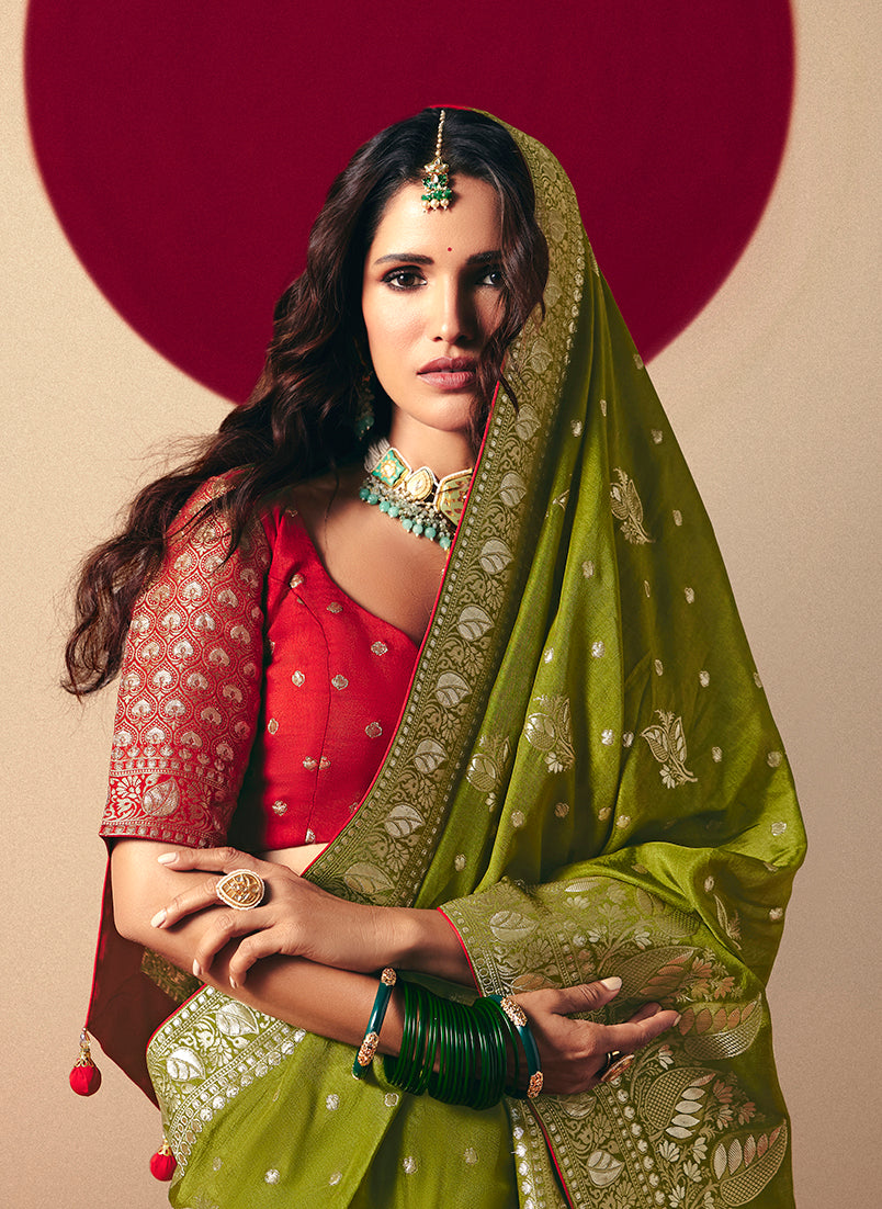 Monjolika Fashion Viscose Silk Olive Green Saree With Rich Zari Weaving & Designer Tassels - Distacart