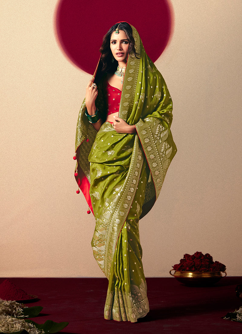 Monjolika Fashion Viscose Silk Olive Green Saree With Rich Zari Weaving & Designer Tassels - Distacart