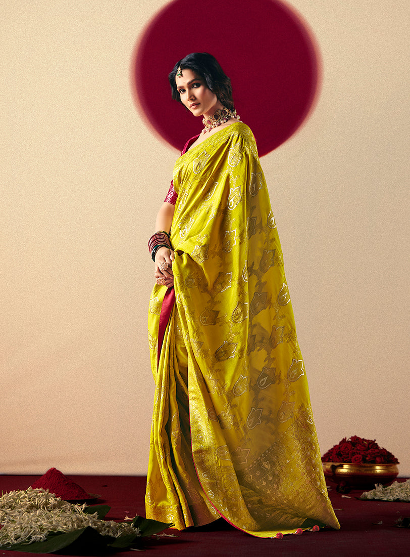 Monjolika Fashion Viscose Silk Pear Saree With Rich Zari Weaving & Designer Tassels - Distacart