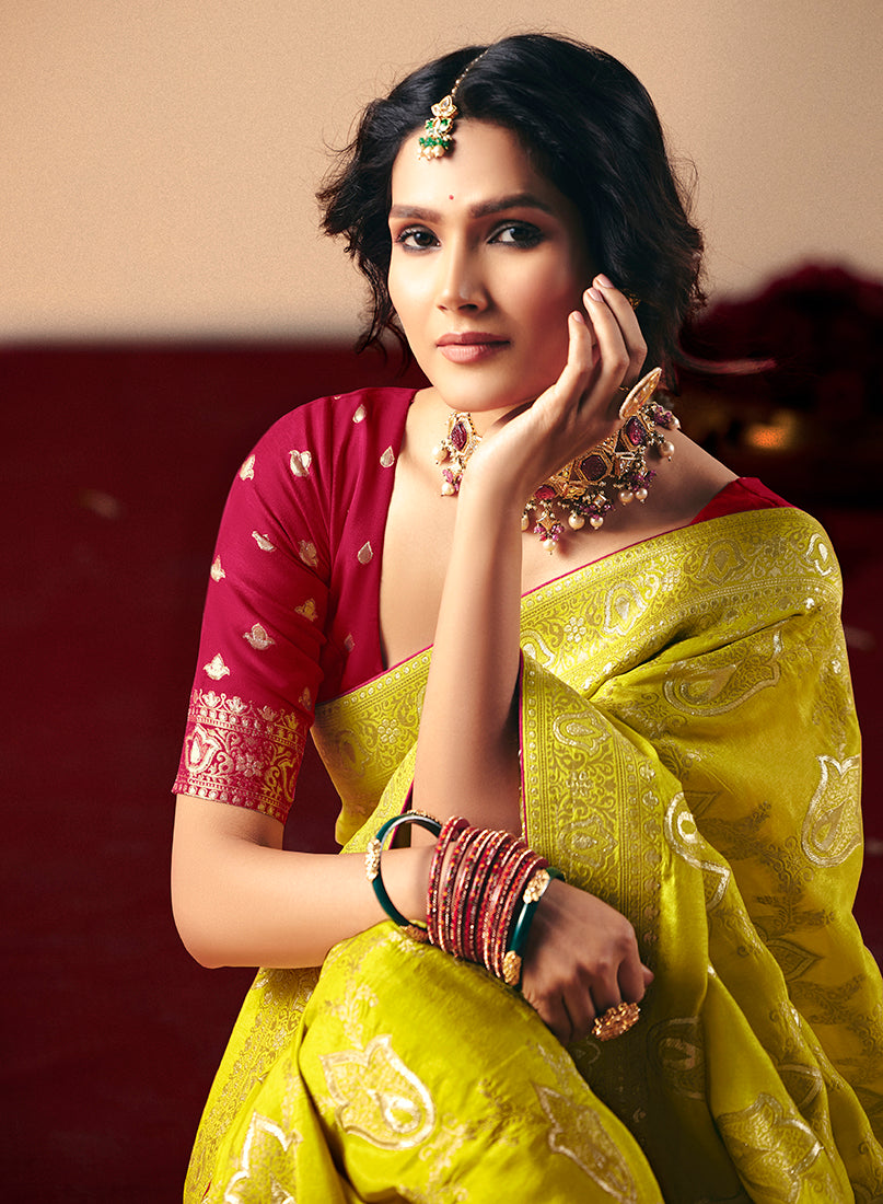 Monjolika Fashion Viscose Silk Pear Saree With Rich Zari Weaving & Designer Tassels - Distacart
