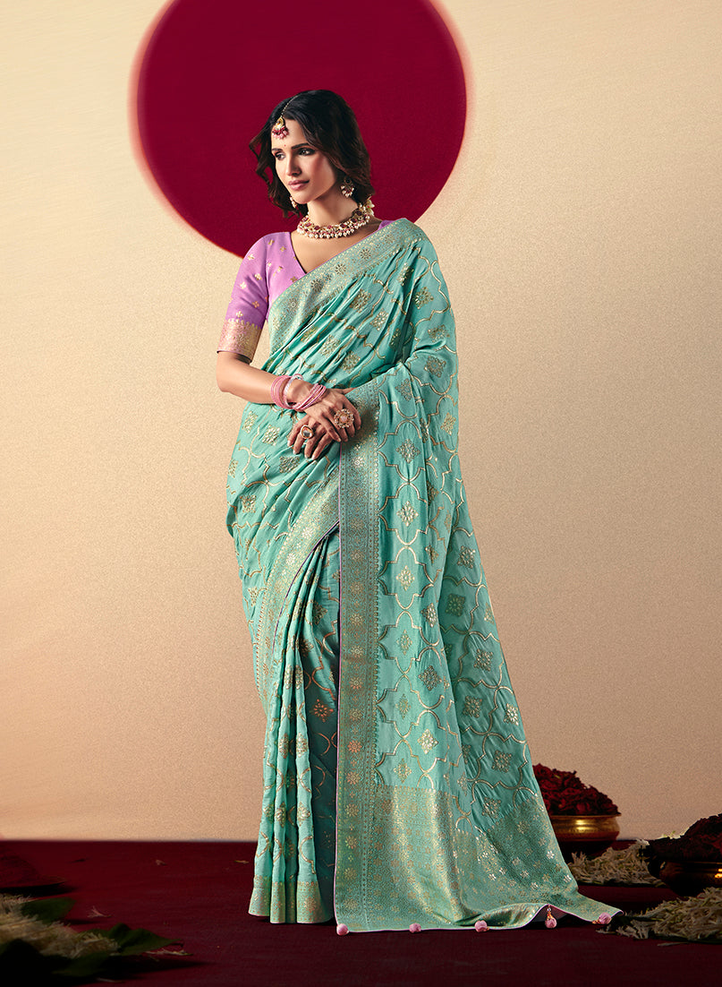 Monjolika Fashion Viscose Silk Aqua Blue Saree With Rich Zari Weaving & Designer Tassels - Distacart