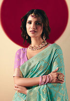 Monjolika Fashion Viscose Silk Aqua Blue Saree With Rich Zari Weaving & Designer Tassels - Distacart