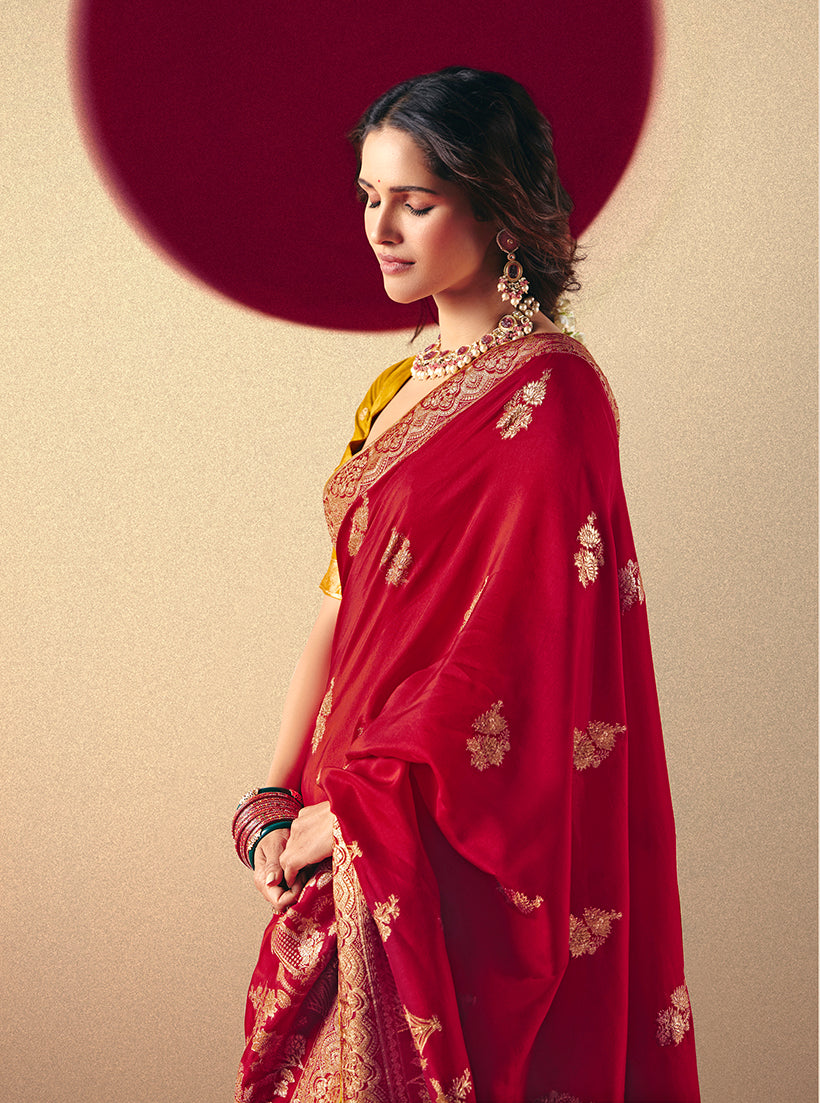 Monjolika Fashion Viscose Silk Red Saree With Rich Zari Weaving & Designer Tassels - Distacart