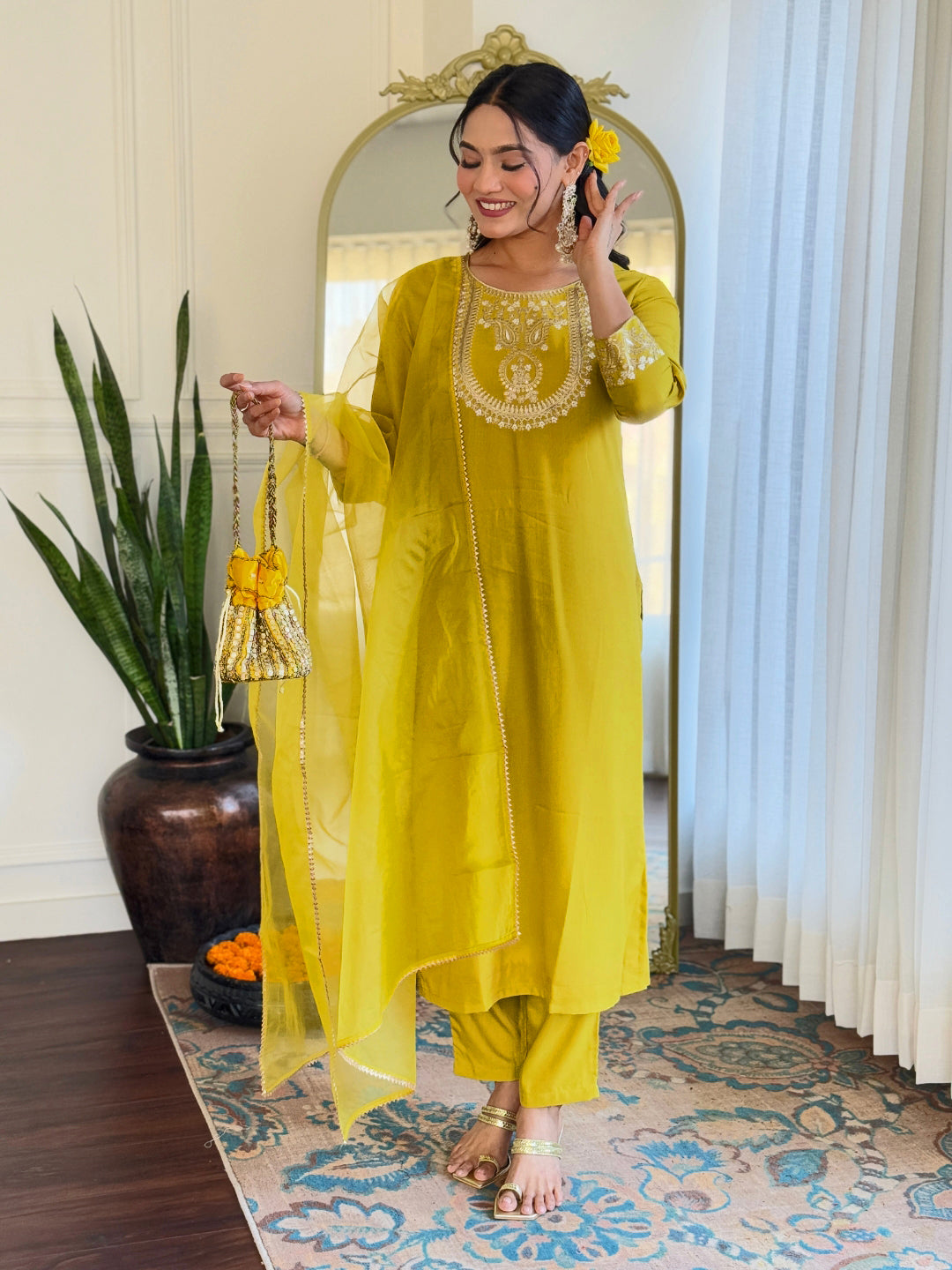 The52 Beautiful Embroidery Work with Rayon Slub Fabric Straight Kurta, Pant and Dupatta Set - Distacart
