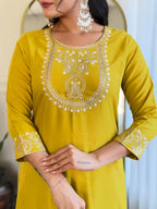 The52 Beautiful Embroidery Work with Rayon Slub Fabric Straight Kurta, Pant and Dupatta Set - Distacart