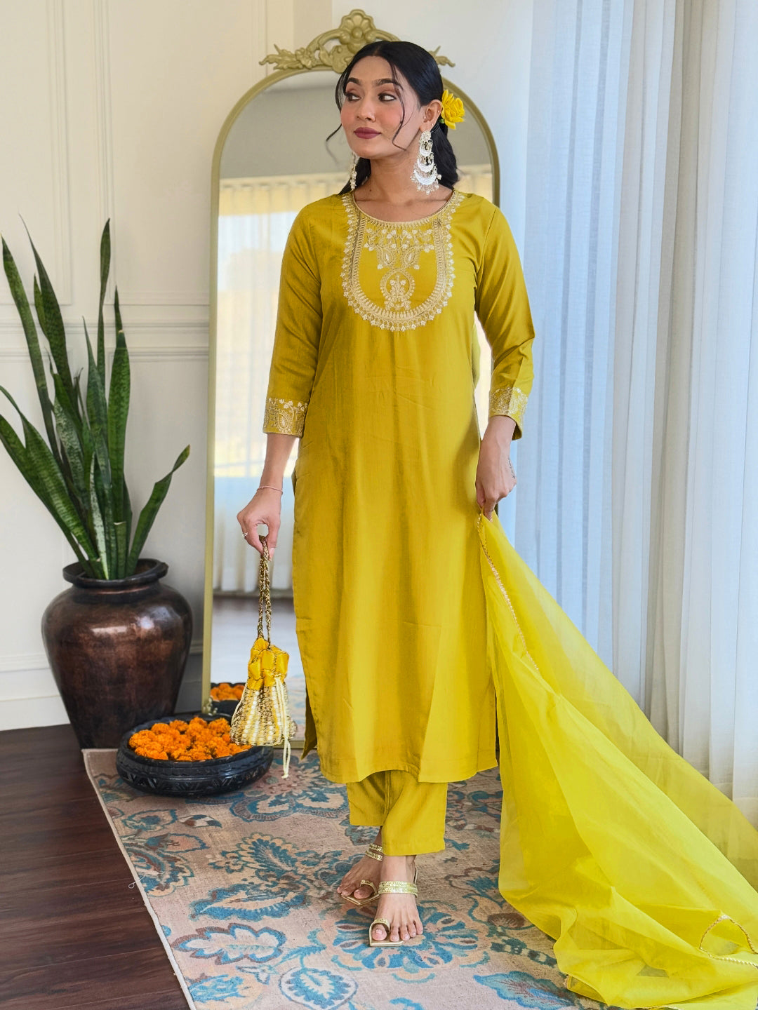 The52 Beautiful Embroidery Work with Rayon Slub Fabric Straight Kurta, Pant and Dupatta Set - Distacart
