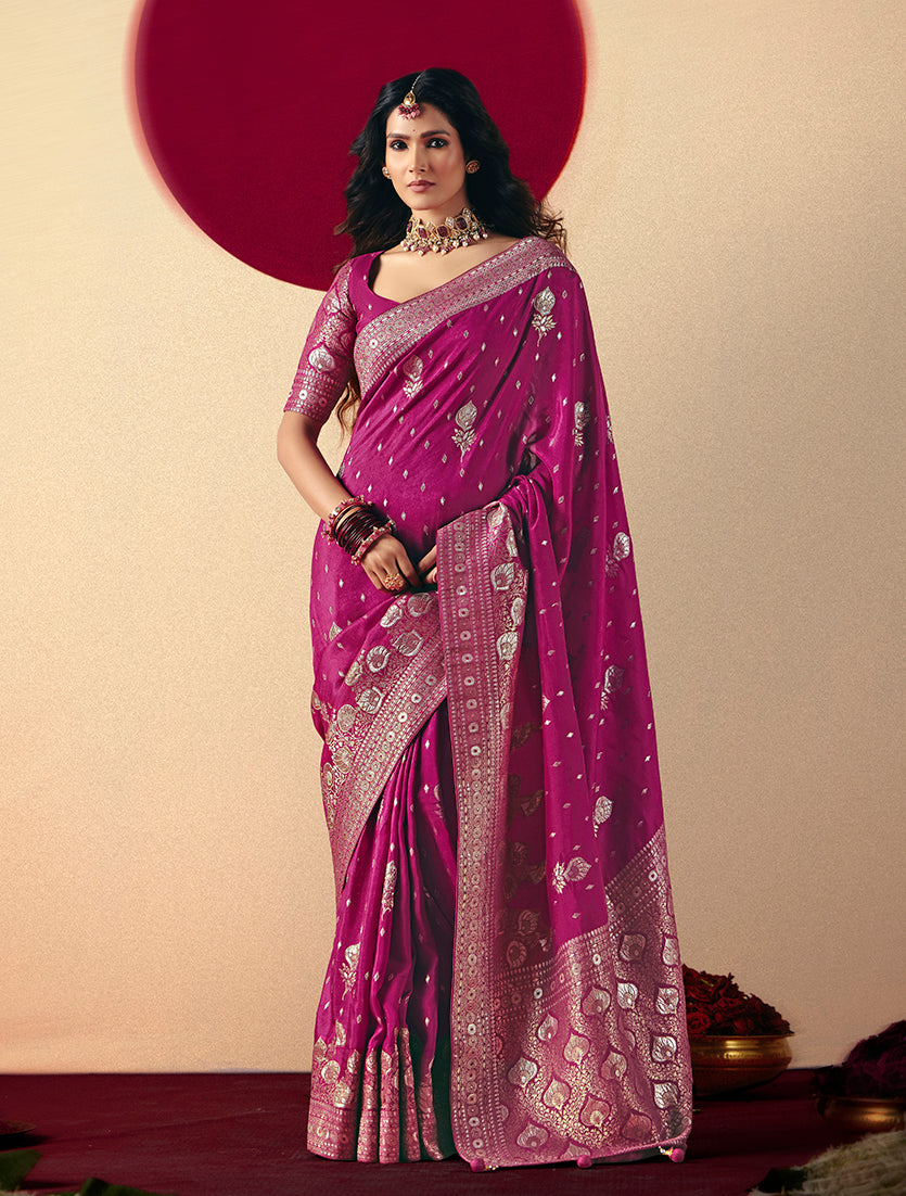 Monjolika Fashion Viscose Silk Magenta Saree With Rich Zari Weaving & Designer Tassels - Distacart