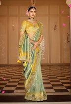 Monjolika Fashion Silk Blend Saree In Mint Green & Mustard Yellow With Meenakari Zari Weaving - Distacart
