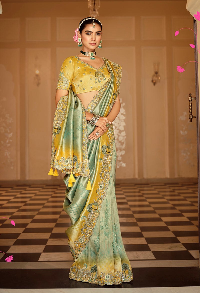Monjolika Fashion Silk Blend Saree In Mint Green & Mustard Yellow With Meenakari Zari Weaving - Distacart