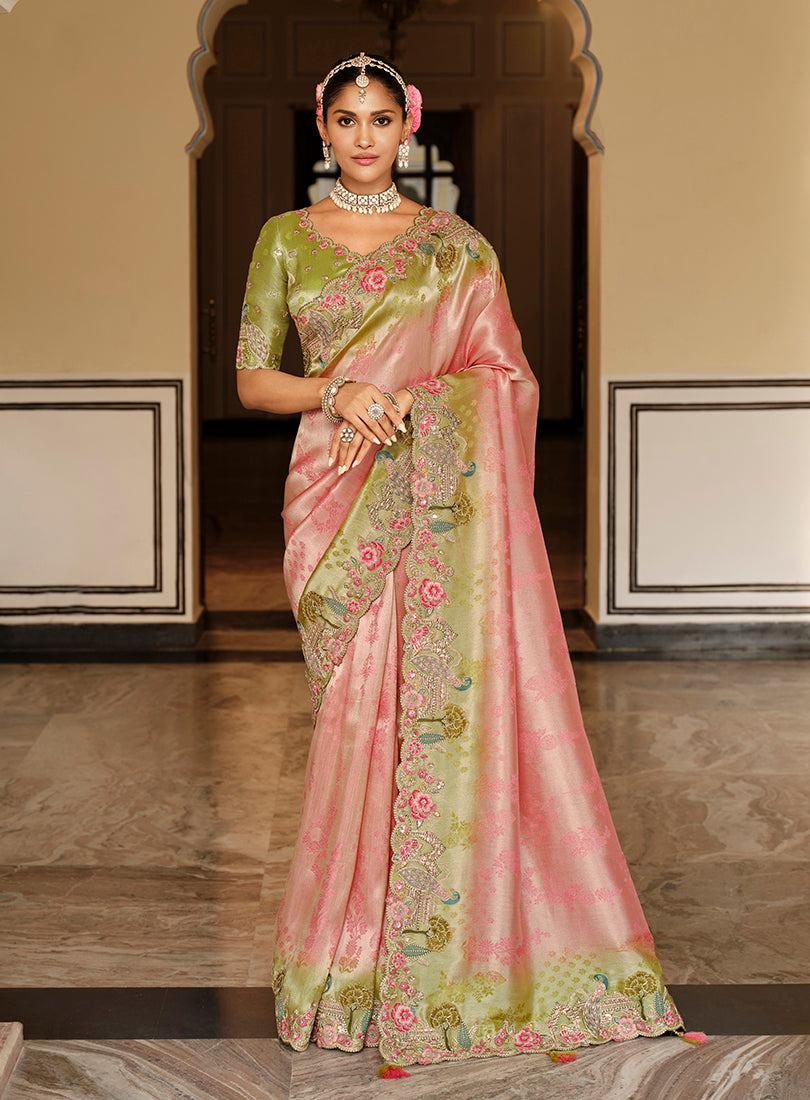 Monjolika Fashion Silk Blend Saree In Pastel Pink & Olive Green With Floral Meenakari Zari Work - Distacart
