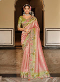 Monjolika Fashion Silk Blend Saree In Pastel Pink & Olive Green With Floral Meenakari Zari Work - Distacart