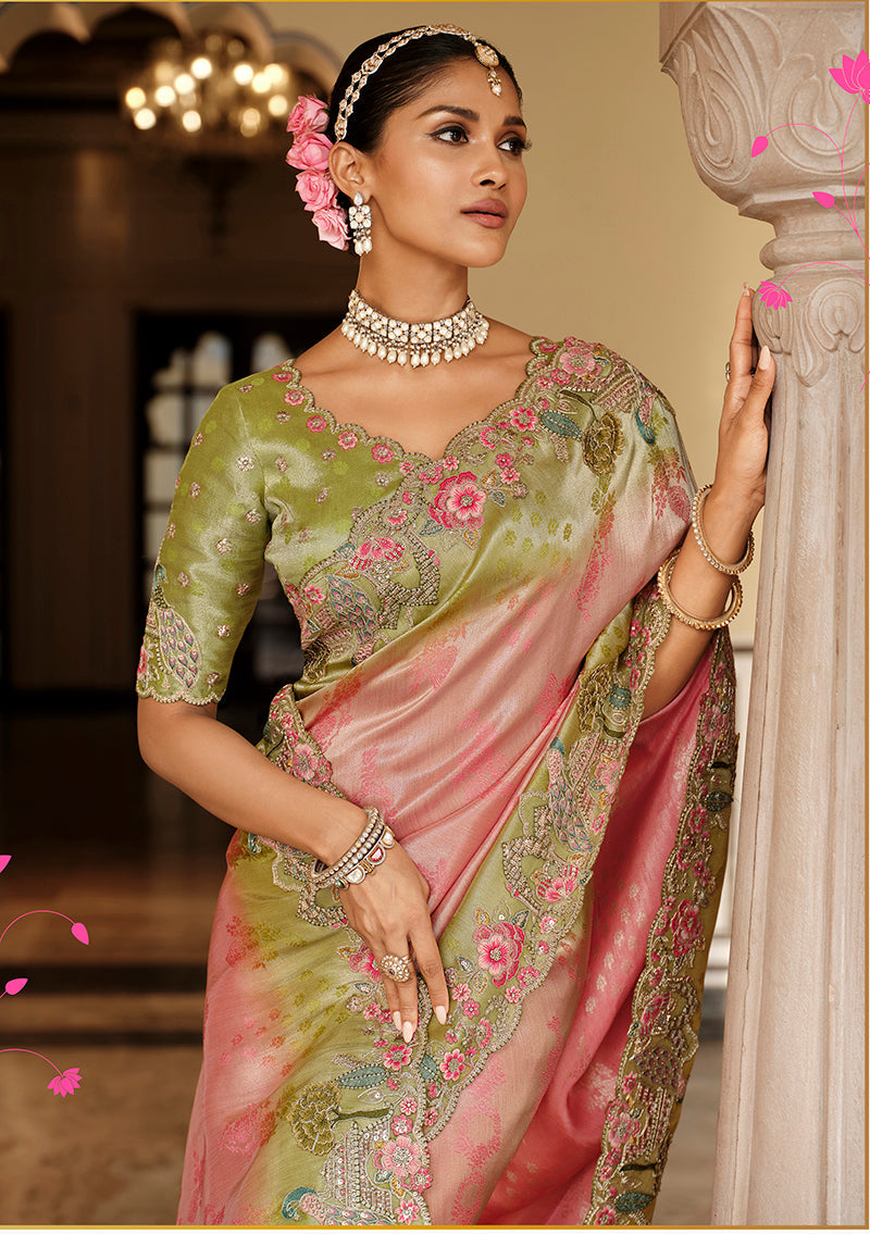 Monjolika Fashion Silk Blend Saree In Pastel Pink & Olive Green With Floral Meenakari Zari Work - Distacart