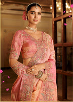 Monjolika Fashion Silk Blend Saree In Peach & Rose Pink With Intricate Meenakari Zari Detailing - Distacart