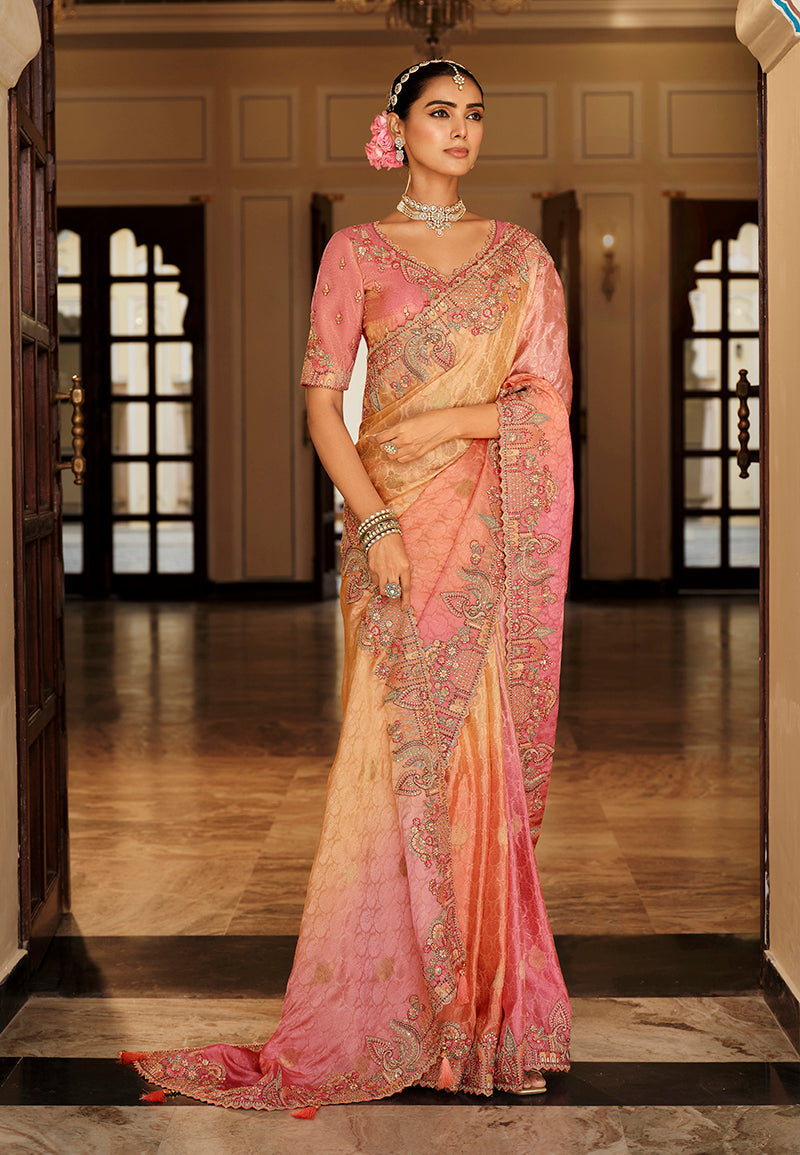 Monjolika Fashion Silk Blend Saree In Peach & Rose Pink With Intricate Meenakari Zari Detailing - Distacart