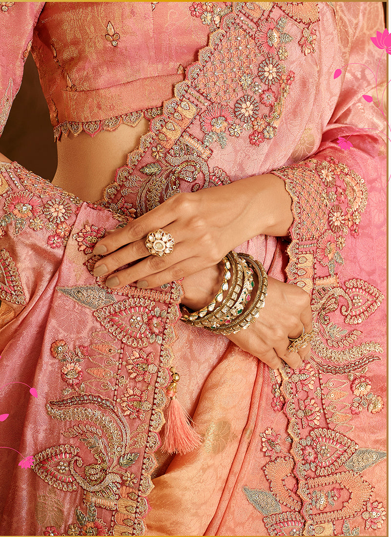 Monjolika Fashion Silk Blend Saree In Peach & Rose Pink With Intricate Meenakari Zari Detailing - Distacart
