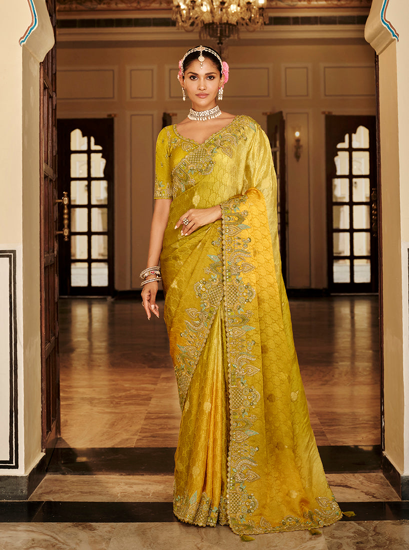 Monjolika Fashion Silk Blend Silk Saree In Mustard Yellow With Rich Meenakari Zari Weaving - Distacart