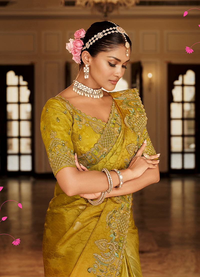 Monjolika Fashion Silk Blend Silk Saree In Mustard Yellow With Rich Meenakari Zari Weaving - Distacart
