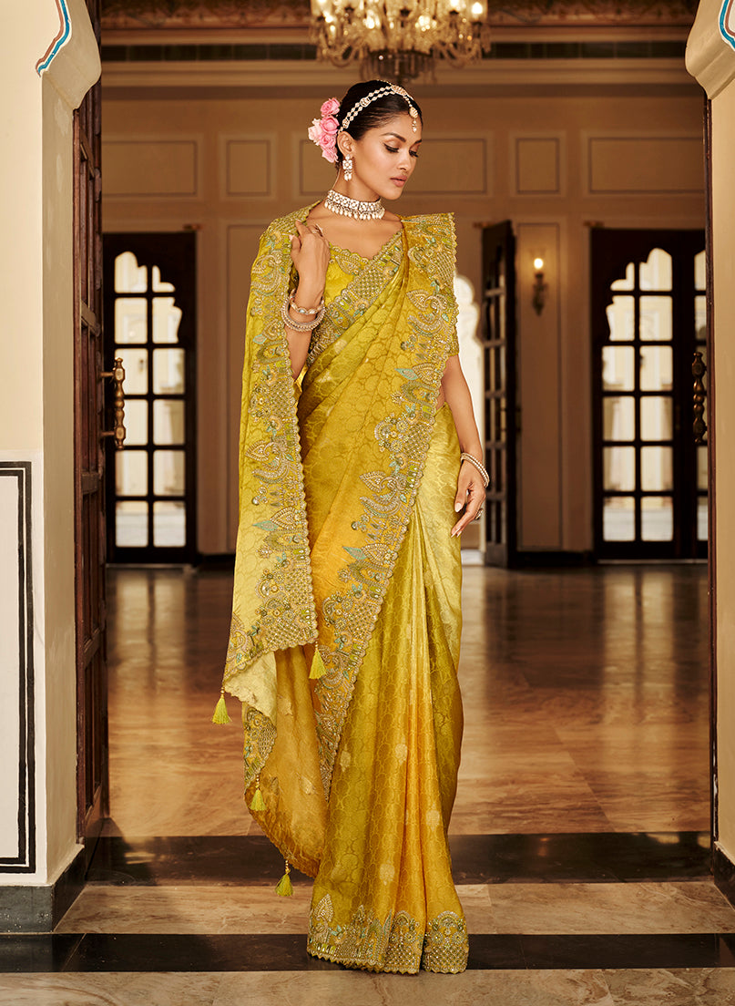 Monjolika Fashion Silk Blend Silk Saree In Mustard Yellow With Rich Meenakari Zari Weaving - Distacart