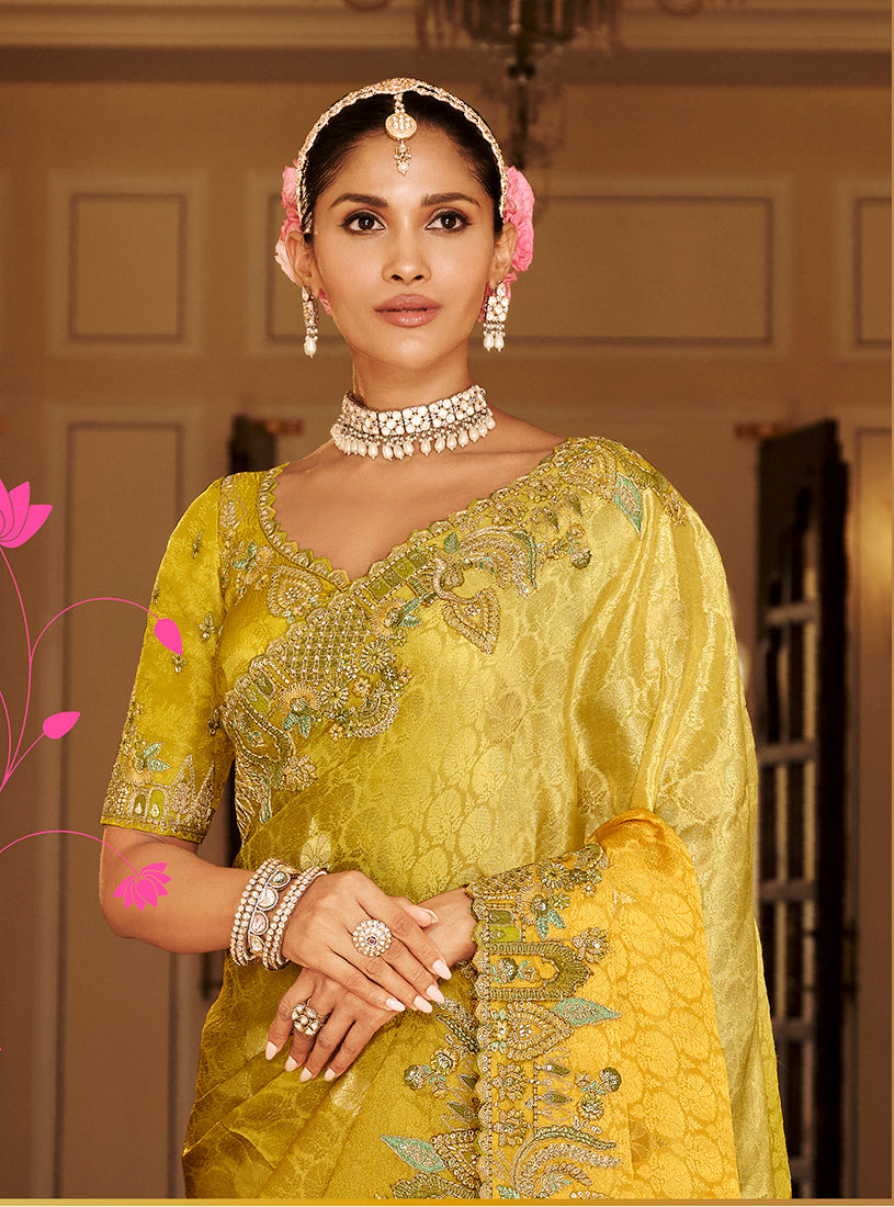 Monjolika Fashion Silk Blend Silk Saree In Mustard Yellow With Rich Meenakari Zari Weaving - Distacart