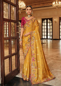 Monjolika Fashion Silk Blend Saree In Amber With Rani Pink Contrast Blouse & Meenakari Zari Weaving - Distacart