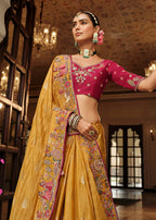 Monjolika Fashion Silk Blend Saree In Amber With Rani Pink Contrast Blouse & Meenakari Zari Weaving - Distacart