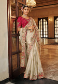 Monjolika Fashion Silk Blend Saree In Ivory White With Rani Pink Contrast Blouse & Meenakari Zari Borders - Distacart