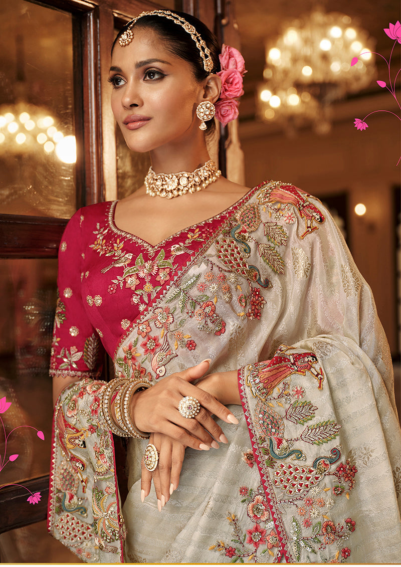 Monjolika Fashion Silk Blend Saree In Ivory White With Rani Pink Contrast Blouse & Meenakari Zari Borders - Distacart