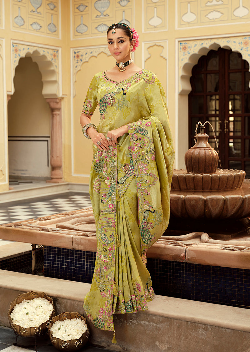 Monjolika Fashion Silk Blend Silk Saree In Light Green With Rich Meenakari Zari Weaving - Distacart