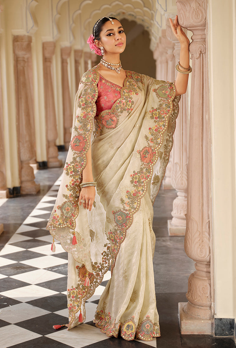 Monjolika Fashion Silk Blend Silk Saree In Off White With Rich Meenakari Zari Weaving - Distacart