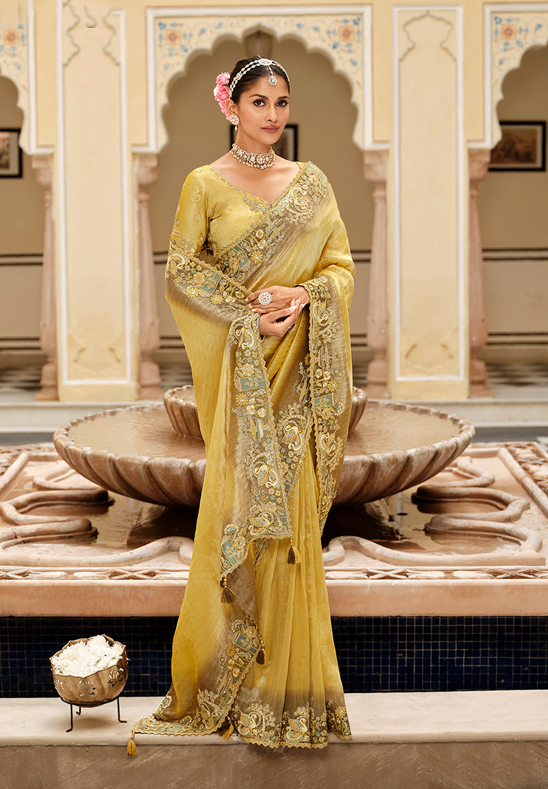 Monjolika Fashion Silk Blend Silk Saree In Light Yellow With Rich Meenakari Zari Weaving - Distacart