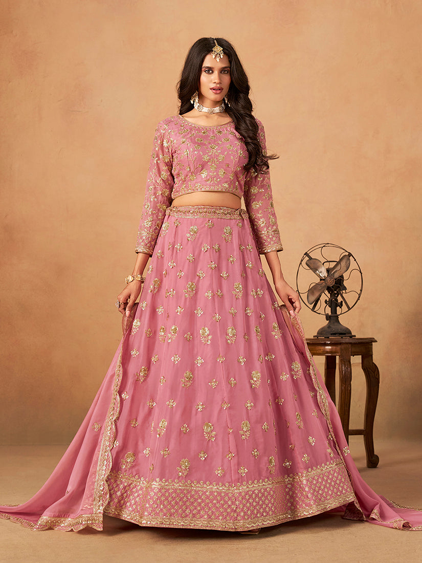 Monjolika Fashion Embroidered Pink Organza Trendy Lehenga Choli - Distacart