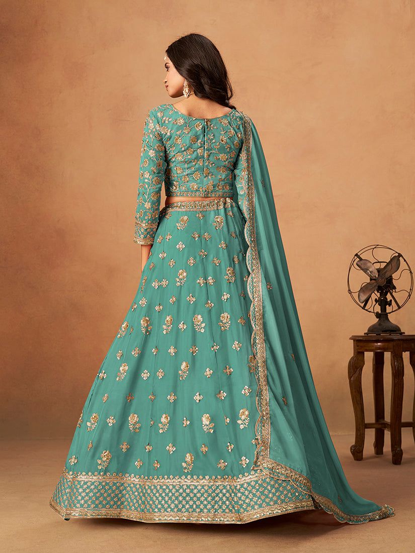 Monjolika Fashion Embroidered Turquoise Organza Trendy Lehenga Choli - Distacart