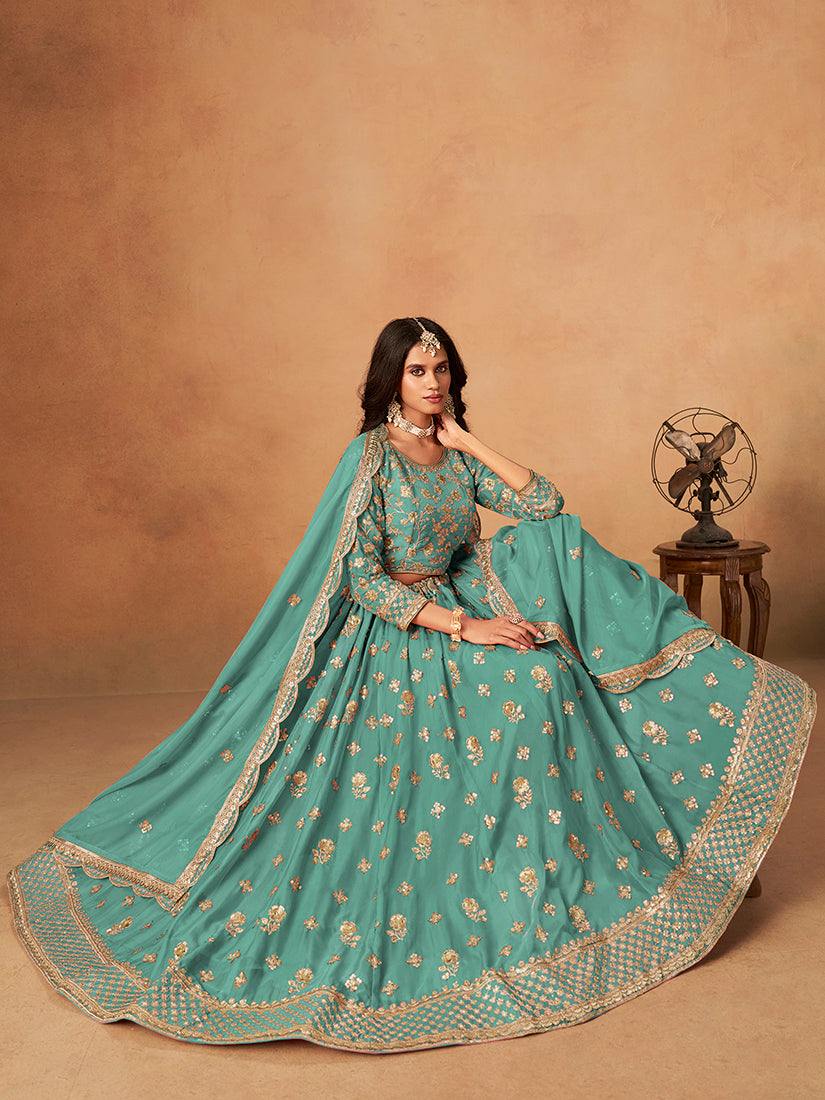 Monjolika Fashion Embroidered Turquoise Organza Trendy Lehenga Choli - Distacart