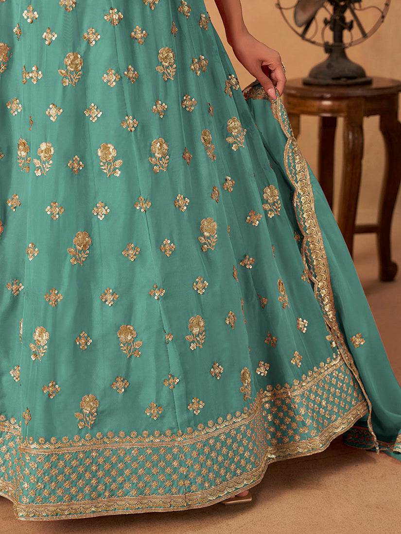Monjolika Fashion Embroidered Turquoise Organza Trendy Lehenga Choli - Distacart