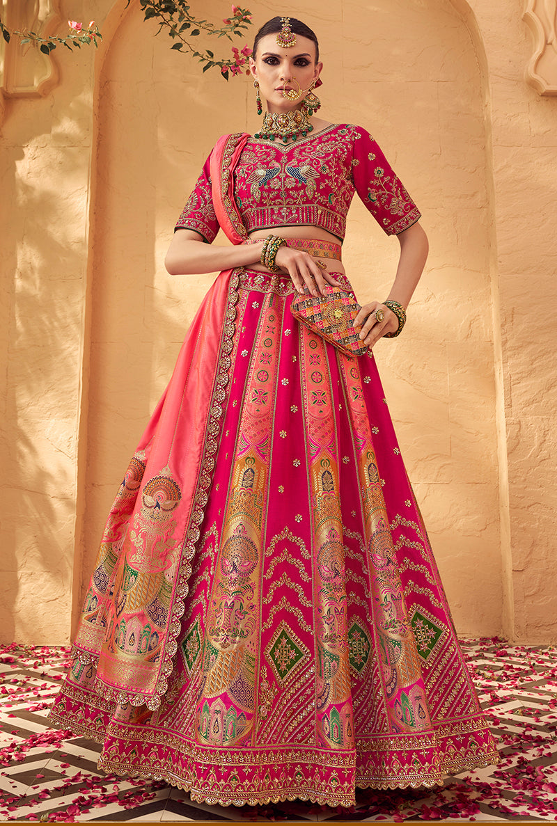 Monjolika Fashion Rani Pink Banarasi Silk Wedding Wear Lehenga With Embroidery Work - Distacart
