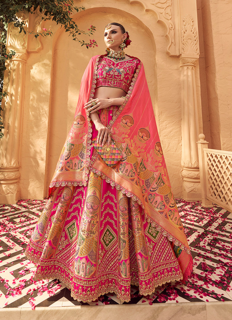Monjolika Fashion Rani Pink Banarasi Silk Wedding Wear Lehenga With Embroidery Work - Distacart