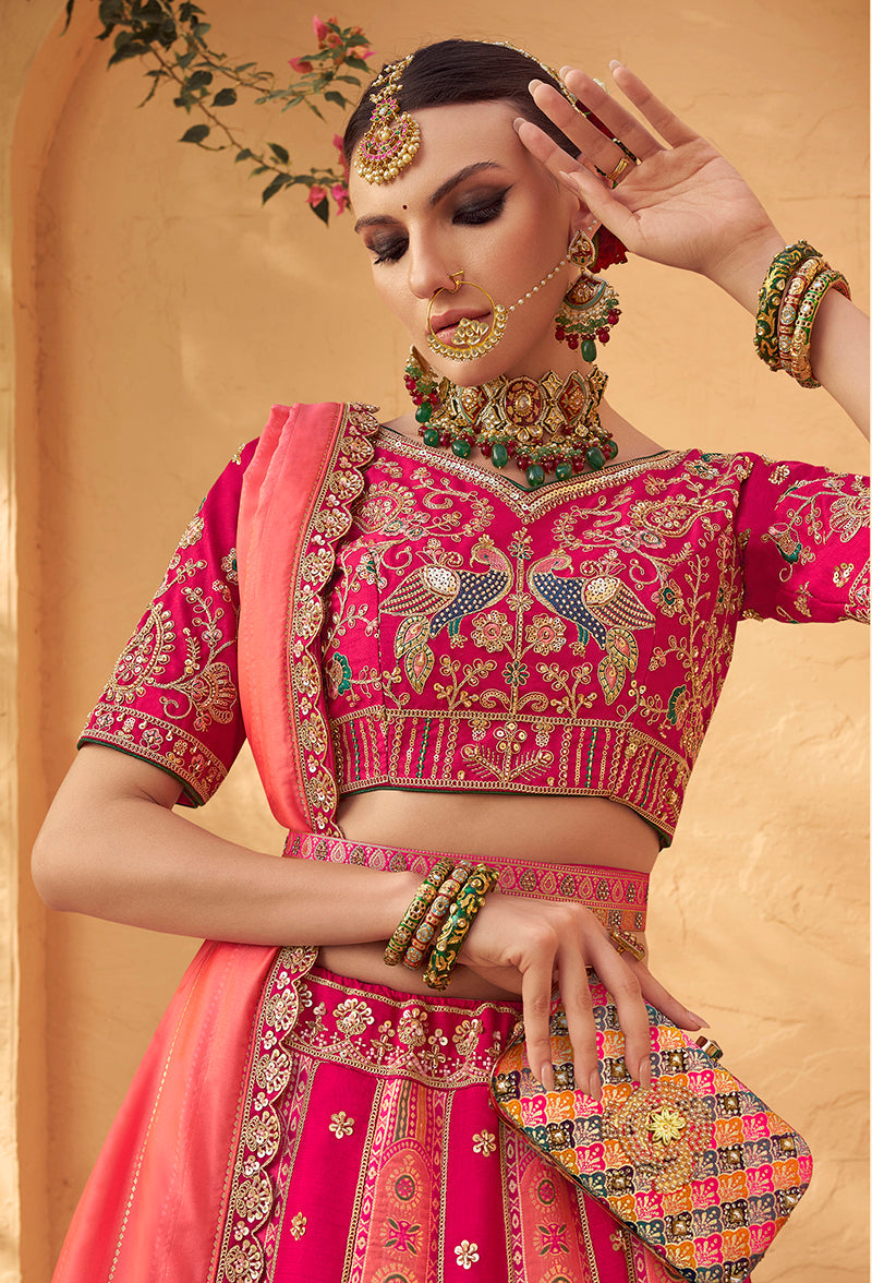 Monjolika Fashion Rani Pink Banarasi Silk Wedding Wear Lehenga With Embroidery Work - Distacart