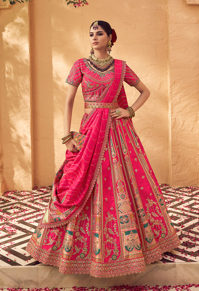 Monjolika Fashion Hot Pink & Peach Banarasi Silk Wedding Wear Lehenga With Embroidery Work - Distacart