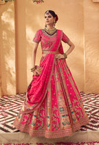 Monjolika Fashion Hot Pink & Peach Banarasi Silk Wedding Wear Lehenga With Embroidery Work - Distacart